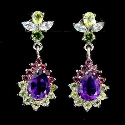 925 Sterling Silver Earrings Pear Amethyst 8x6mm Peridot Topaz Gemstone Jewelry - Image 1 of 4