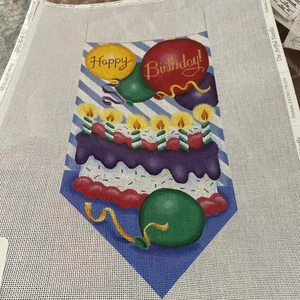handpainted needlepoint canvas rebecca wood Happy Birthday Banner Cake Balloons  - Picture 1 of 4