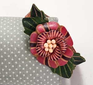 All Leather Snap Bracelet 3D Green Leaves Pink & Red Flower Faux Pearls Nature - Picture 1 of 4