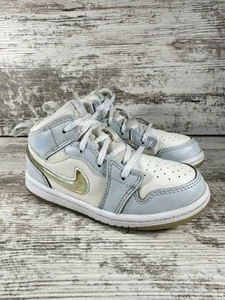 Toddler Nike Air Jordan 1 Mid SE 'Glitter Swoosh' Blue/White Sneakers Sz 9C - Picture 1 of 9