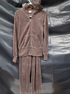 Vintage Nike Track Suit Pants Jacket Set Women Large Brown Velour Velvet hoodie - Picture 1 of 16