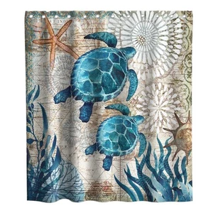 Final Friday Nautical Green Sea Turtles Beach Theme Fabric Shower Curtain Sets - Picture 1 of 8