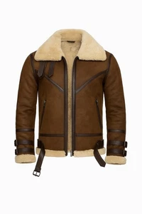 Men’s Brown Shearling Leather Jacket – Aviator B3 Bomber Style | Winter Warm Out - Picture 1 of 4