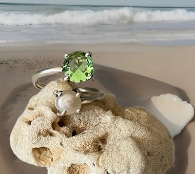 Anillo de cristal de perlas y peridoto tamaño 7,5 - Chapado en plata de ley 925 - Nuevo Foto 1 de 4