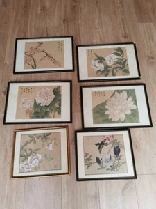 6 X Pinturas de Seda Oriental Vintage Pájaros Pequeños-Medianos Flores - Imagen 1 de 9