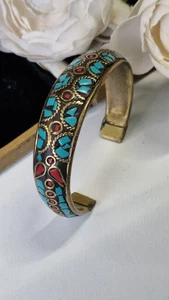 Bracciale vintage Navajo turchese corallo intarsiato ottone - Foto 1 di 12