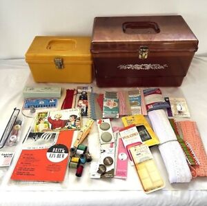 Wilson Sewing Basket Clear Amber Box & Small tote W/ Vintage Sewing Notions Trim