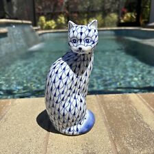 Vintage Andrea Sadek Handpainted Cat Fishnet Cobalt Blue White Ceramic Pottery