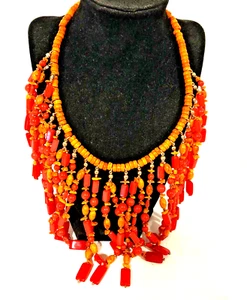 Necklace Beaded Statement Fringe Shades of Orange Beads Unique Boho Artisan made - Picture 1 of 4