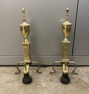 Vintage Brass & Cast Iron Fireplace Andirons Set of 2 Firedogs Log Holders MCM - Picture 1 of 12