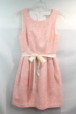 Vestido Trina Turk Tweed Talla 4 Naranja Forrado Plisado Cinta Lazo Cinturón Bolsillos Foto 1 de 4