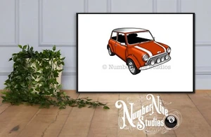 Classic Mini Cooper Orange Artwork Illustration, limited/rare, signed by artist. - Picture 1 of 7
