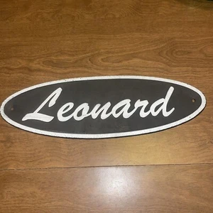 VTG Leonard Oval Plastic Sign 14 Inch X 5 Inch Original Patina Authentic Sturdy - Picture 1 of 6
