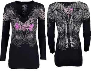Rebel Saint by Affliction Women's T-shirt Ravenous Biker Tattoo - Picture 1 of 8