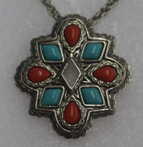 Vintage Avon Faux Turquoise and Coral Teardrop Brooch or Necklace with Chain - Picture 1 of 6