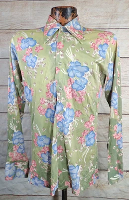 Vintage Shirt # One Disco Mens M 60s 70s Rockabilly Abstract Hippy Floral Print - Image 1 of 4