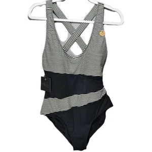 Traje de baño náutico Niptuck para mujer 8 una pieza ajuste de múltiples copas malla a rayas negro - Imagen 1 de 18
