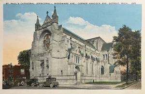 St. Paul's Cathedral Detroit Michigan Vintage Postcard (1920s RPPC) MI Autos Car - Picture 1 of 2