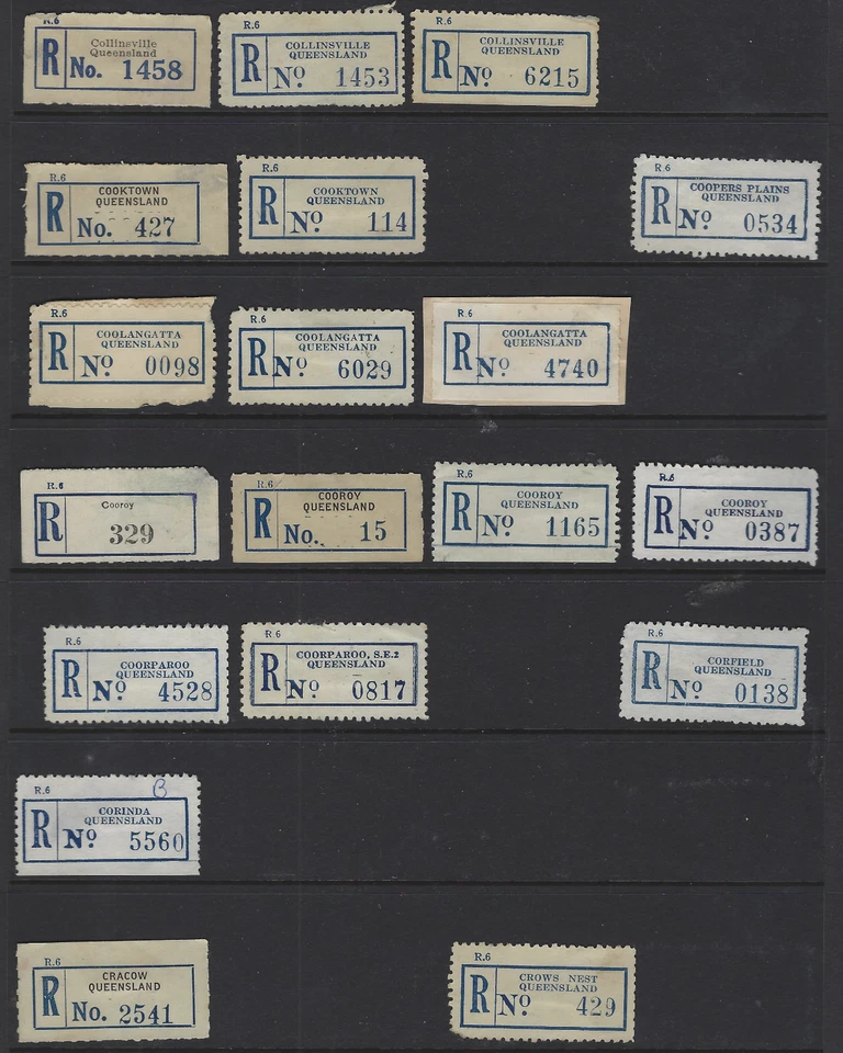 Etiquetas de registro de Australia Queensland Collinsville, Cooktown, Cooroy, Cracovia Foto 1 de 1