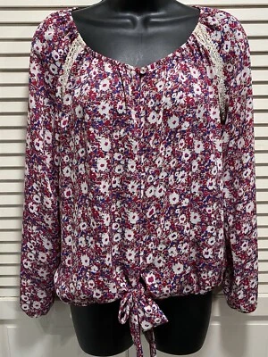 Blusa Autoestima Rosa/Blanco/Azul Floral Manga Larga Crochet Corbata Cintura Talla M Foto 1 de 4