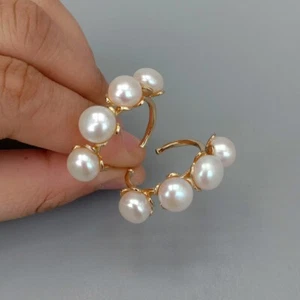 Freshwater Cultured White Pearl Yellow Gold Plated Hoop Stud Earrings - Picture 1 of 6