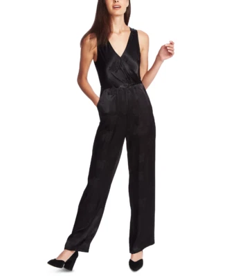 1.STATE Women's Black Floral Satin Jacquard V Neck Cross Front Jumpsuit Size 8 - Image 1 of 4