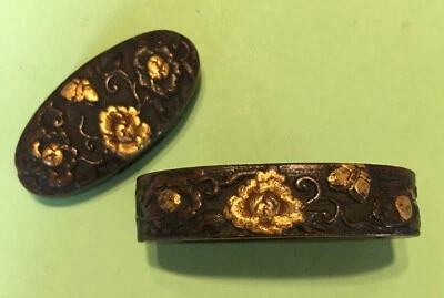 Era Edo, acessórios de espada japoneses, Shakudo Fuchi/Kashira, design de crisântemo - Imagem 1 de 4