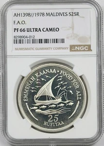 AH1398//1978 Maldives F.A.O. Silver 25 Rufiyaa NGC PF 66 Ultra Cameo - Picture 1 of 4