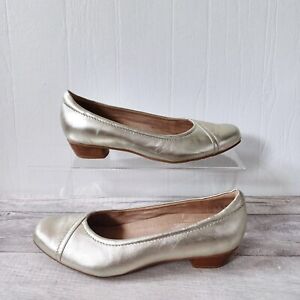 Hotter Court Shoes Size 6.5 Comfort Metalic Leather Silver Gold Block Heel