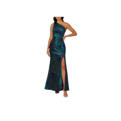 NWT Adrianna Papell One Shoulder Metallic Jacquard Gown Blue Green Sz 10 MOB - Image 1 of 4