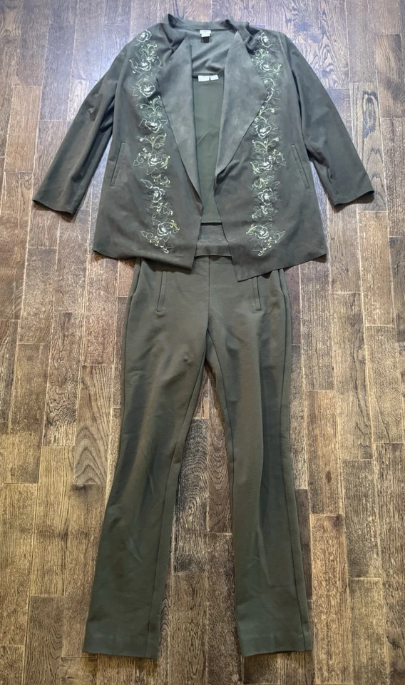 Chico's 3 件套裤子绿色花卉夹克、裤子和背心女式 — 第 1/4 张图片