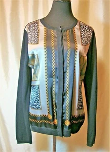 EUC Chi by Falchi M Silk Cashmere Black Animal Chain Print Knit Sleeve Cardigan - Picture 1 of 4