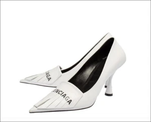 $895 NIB Balenciaga Pump Heel Shoe Knife Fring Logo Pointed Toe Leather 37.5 7.5 - Picture 1 of 10