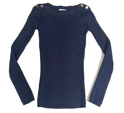 Elie by Elie Tahari Long Sleeve Ribbed Pullover Top Women's XS Gold Accent Navy - Image 1 of 4