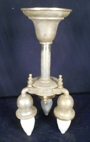 ANTIQUE ART DECO NICKEL PLATED 3 LIGHT CEILING CHANDELIER Cover
