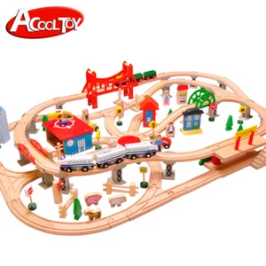 AC7502 Wooden Train Set, Deluxe City Train Tracks Wooden Railway Track - Picture 1 of 7