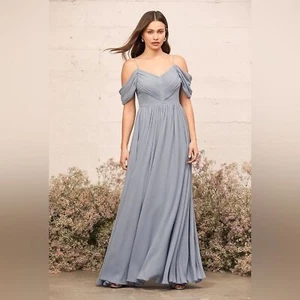 Lulus Lost in the Romance Maxi Dress Cold Shoulder Chiffon Slate Blue Small New - Picture 1 of 13