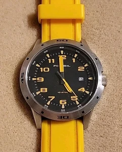 Orologio Uomo FOSSIL AM-4202 Quadrante Nero Cinturino Gomma Giallo 10 ATM Acciaio Inox - Foto 1 di 8