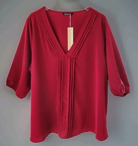 Bloomchic Bluse 18 20 tiefrot Plissee V-Ausschnitt vorne 3/4 Arm neu - Bild 1 von 10