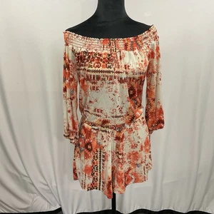 Veronica B Skort Romper Small Off Shoulder 3/4 Sleeve Brown/Orange Aztec Boho - Picture 1 of 12