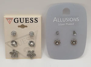 Guess Silver Tone Stud Earring Set + Silver Plated Stud Earrings Clear Stones - Picture 1 of 10