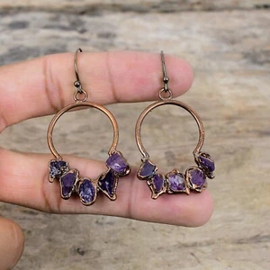 "Pendientes electroformados ásperos de amatista africana hechos a mano cobre regalo 2,36" - Imagen 1 de 6