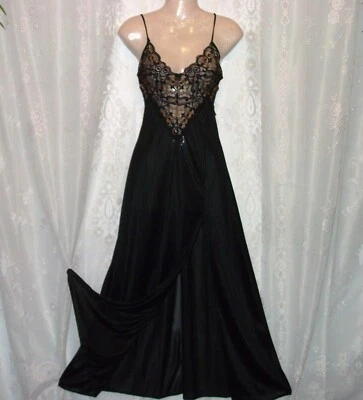 XSm.-Sm.Black,soft nylon,gold/bl.lace,long vintage nightgown,sexy slit,negligee, - Image 1 of 4