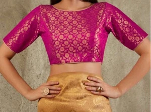 Banarsi Brocade Back open Boat Neck Long sleeve Wedding Wear Blouse,Sari Top - Picture 1 of 10