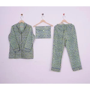 Indische Baumwolle PJs Anzug Handblock Blumendruck Damen Morgenkleidung Kleid ITW-63 - Bild 1 von 6