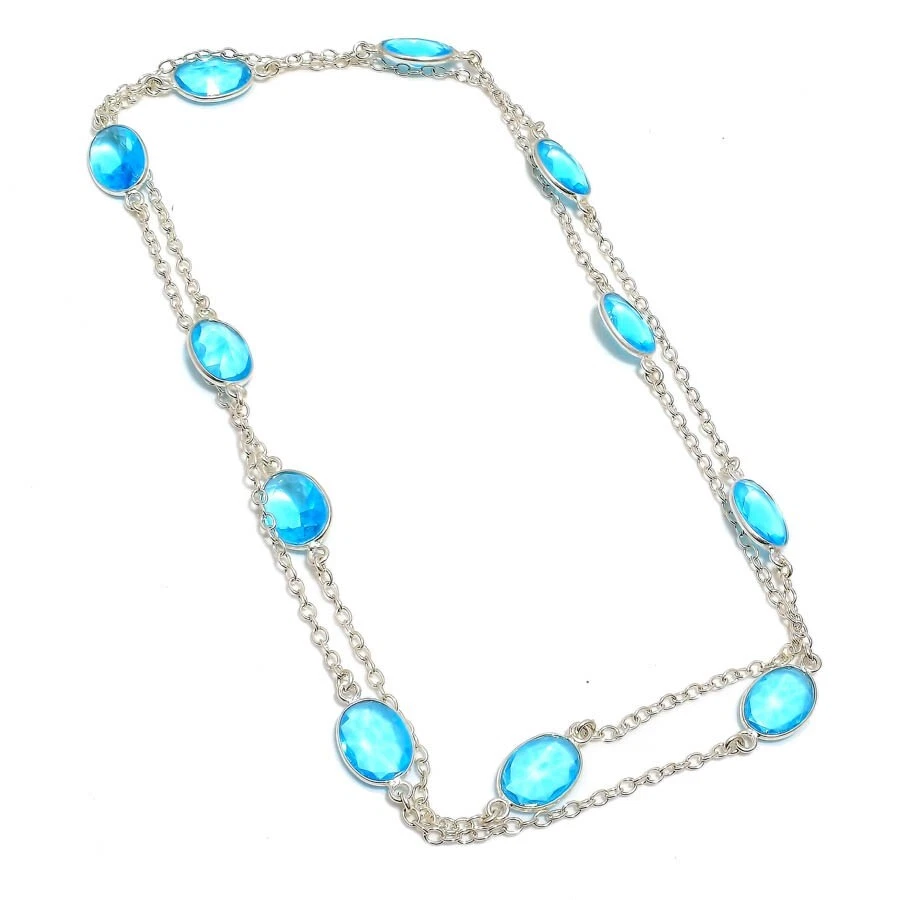 Collares de joyería de plata de ley 925 hechos a mano con piedras preciosas de topacio azul suizo talla 36" Foto 1 de 1