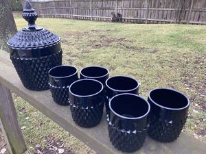 Vtg Indiana Tiara Black Glass Ice Bucket & 6 Lowball Drink Glasses, Diamond Pt - Picture 1 of 10
