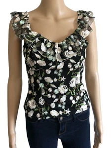 MOCHA Black Floral Embroidered Top Sz S NWT Ruffle Fairy Gypsy Boho - Picture 1 of 9