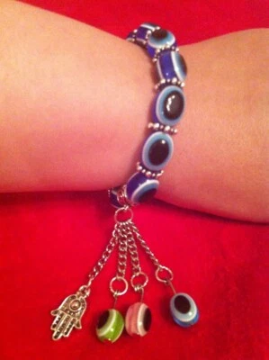 Blue Evil Eye beads Bracelet with Hamsa hand  Handmade # - Image 1 of 4