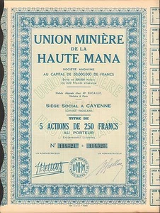 Union Minière de la HAUTE MANA - titre de 5 actions (CAYENNE GUYANE) (E) - Foto 1 di 1